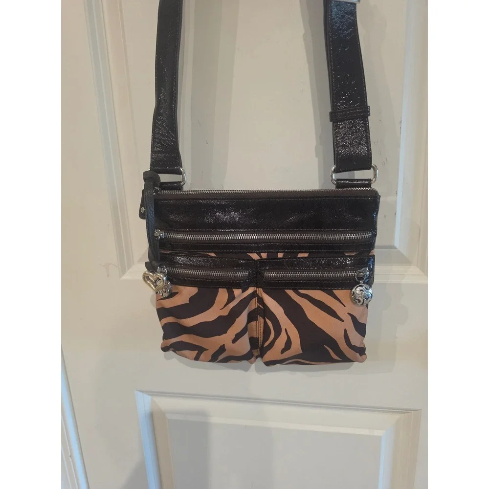 Brighton Zebra Print Crossbody Bag Black Tan Patent Trim E318211